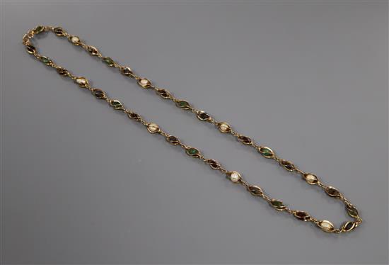 A yellow metal and multi gem set necklace, gross 11.6 grams.